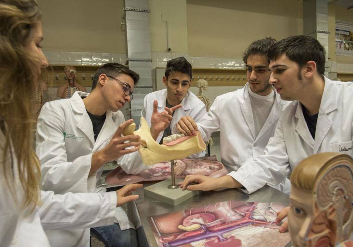 Imagen de archivo de alumnos de la Facultad de Medicina de Badajoz en una clase de Anatomía.