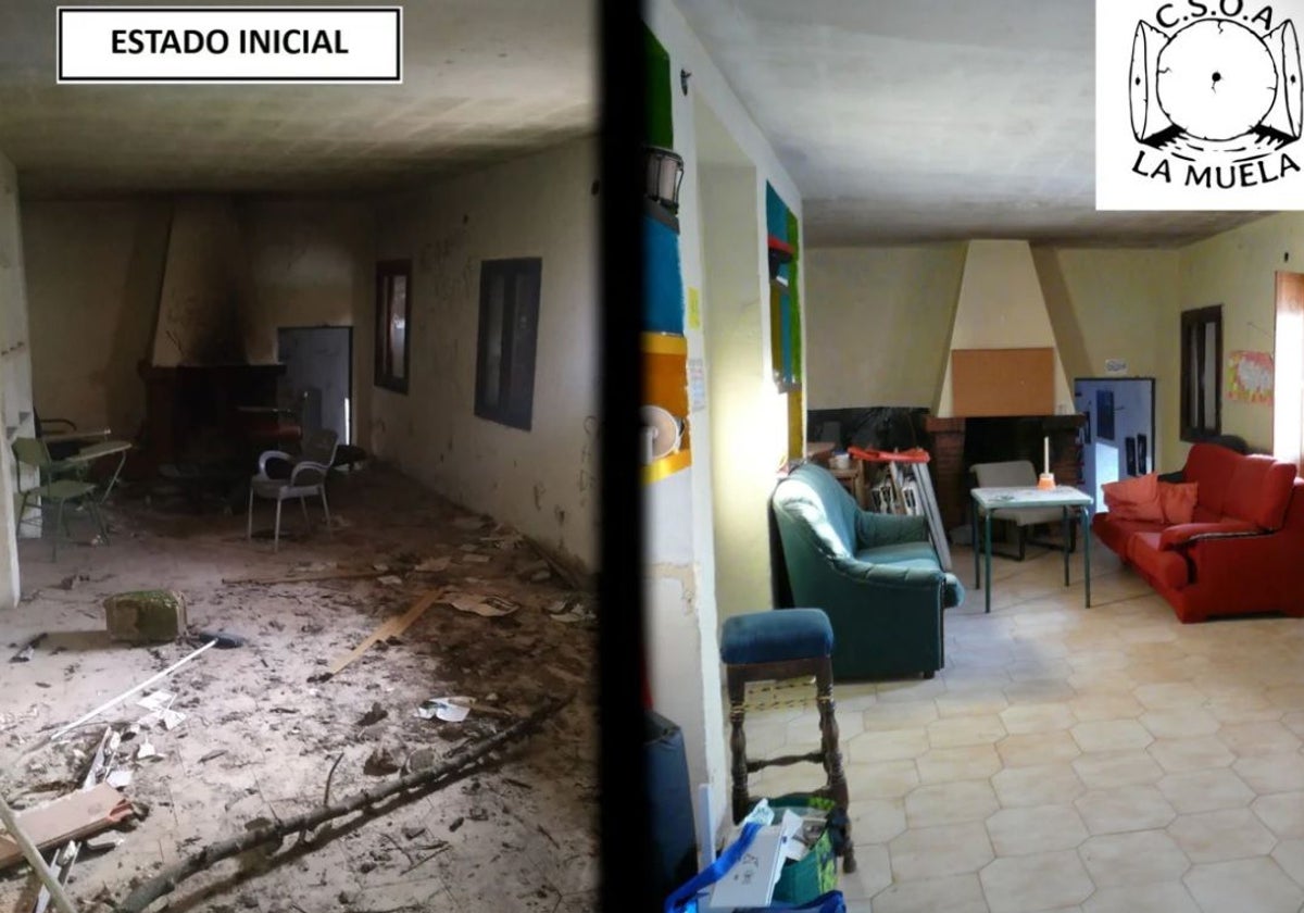 Imágenes del centro autogestionado la Muela, antes y después de la okupación.