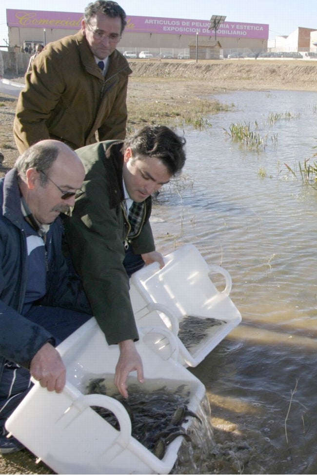 Suelta de tencas tras acondicionar la charca en el año 2005.