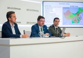 El consejero de Economía, Empleo y Transformación Digital, Guillermo Santamaría, en el centro. A su izquierda, el secretario general de Economía, Empresa y Comercio, Victor Píriz; y a su derecha, el director general de Extremadura AVANTE, Miguel Angel Mendiano.