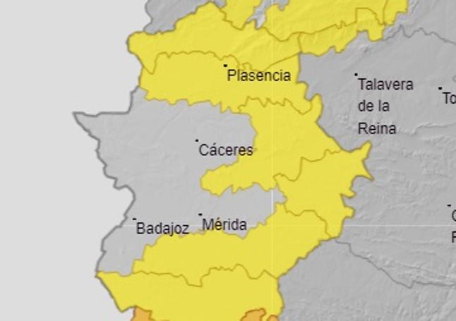 Mapa de avisos por lluvias en Extremadura.