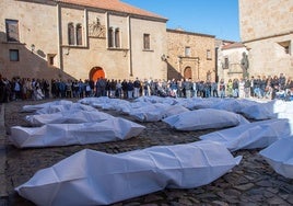 Bolsas mortuorias en la plaza de Santa María en la 'performance' de la Diputación por el 25N.