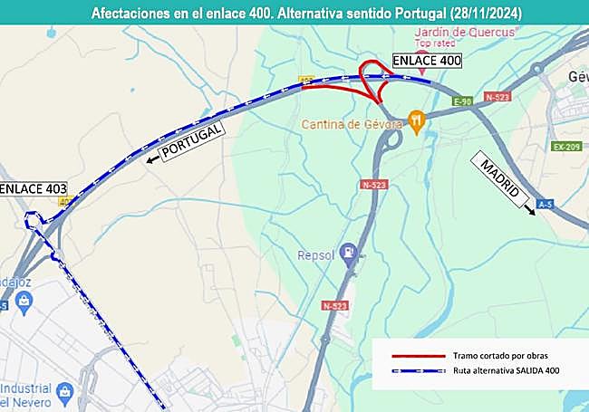 Cortes de tráfico y rutas alternativas a partir del jueves en la circulación en sentido Portugal. El tramo afectado es a la altura de la conexión con la carretera de Cáceres.