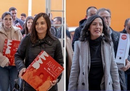 La alcaldesa de Cabeza del Buey, Ana Belén Valls, porta avales de la candidatura de Gallardo. Y en la otra imagen, Esther Gutiérrez a su llegada a la sede del PSOE en Mérida.