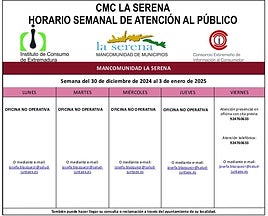 Horario semanal de Atención al público de CMC La Serena