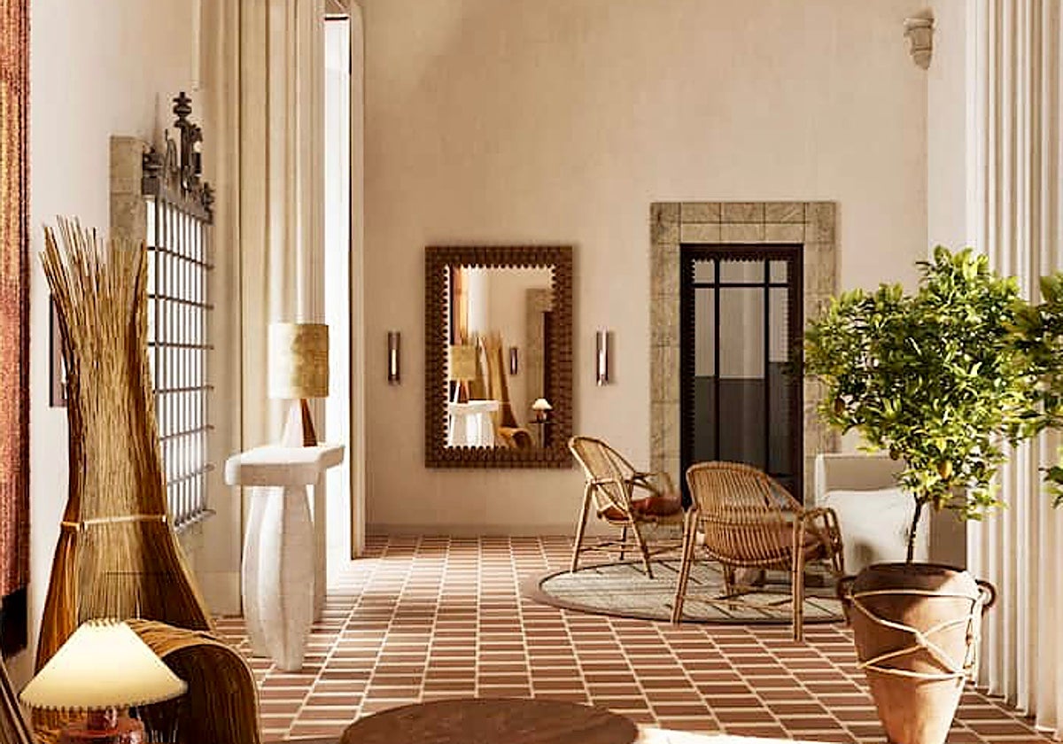 Recreación del vestíbulo del hotel del Palacio de Godoy incluida dentro de la página web de Hilton. Todos los suelos son de barro y cada pieza está cortada a mano.