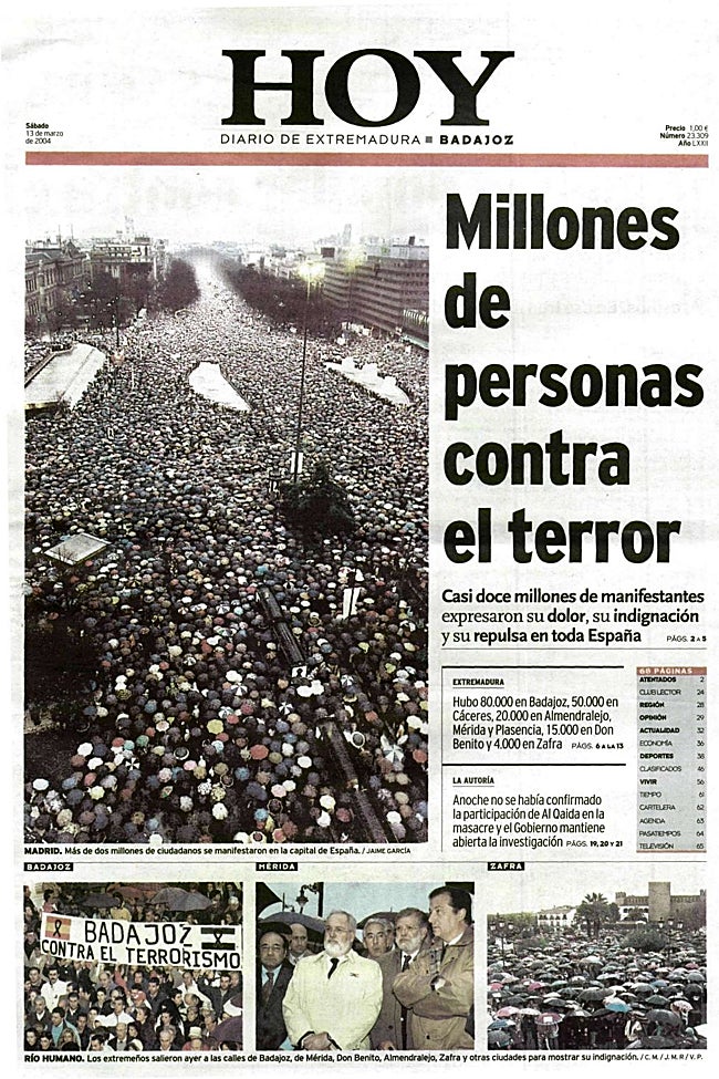 Portada de HOY del 13 de marzo de 2004, con las protestas por el atentado del 11-M.