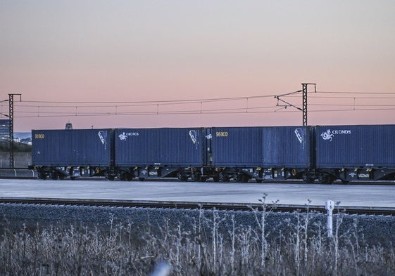 Los vagones, en la terminal de mercancías a la espera del tren que este sábado llevó las primeras mercancías a Sines con el convoy que partió de Sevilla y que entró en Badajoz a las 1.42 horas.