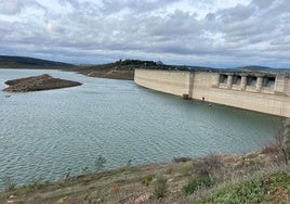 Panorámica de la presa de Alange. Ha ganado once hectómetros cúbicos en una semana. El consumo de 75.000 personas durante algo más de un año.