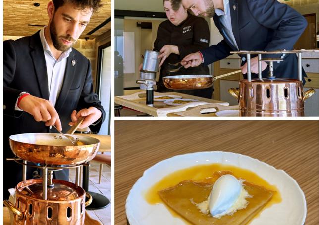 Crêpe suzette coronada por un helado de leche de oveja