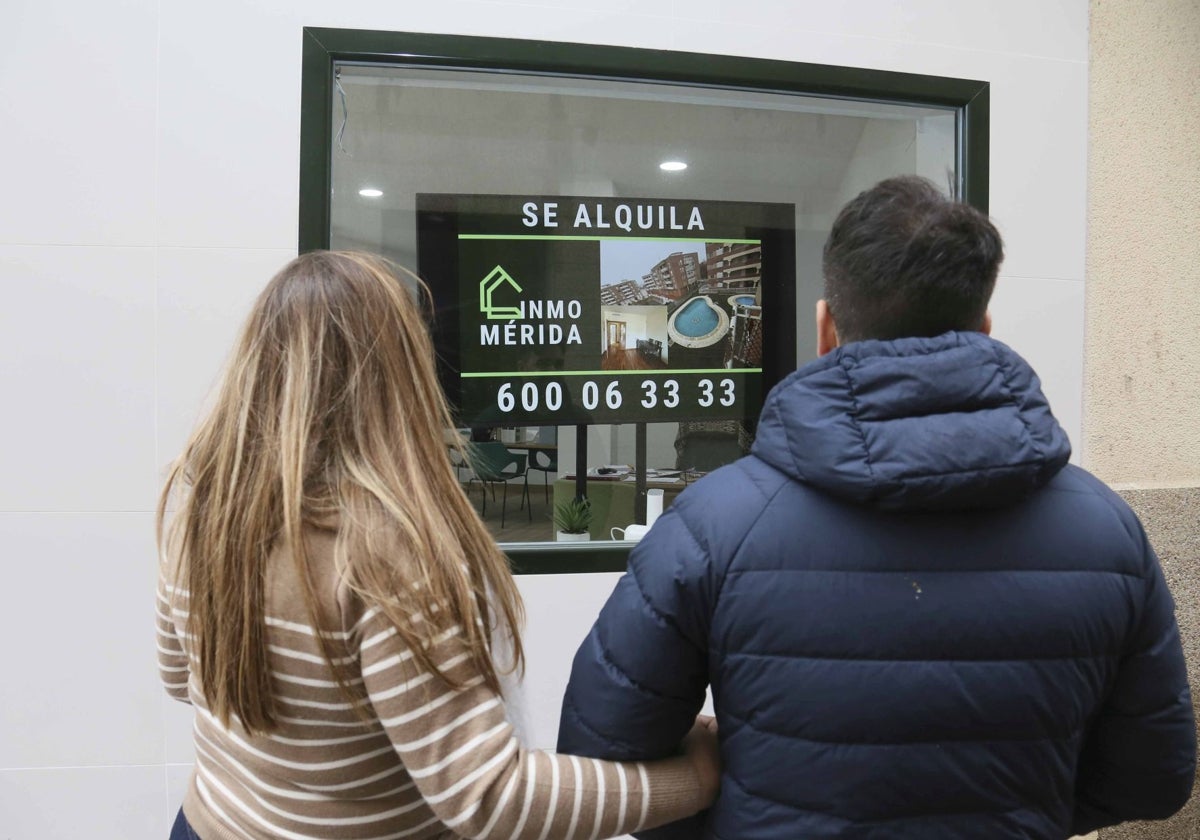 Una pareja consulta anuncios sobre alquileres en una inmobiliaria de Mérida.