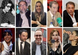 De izda. a dcha., de arriba abajo Julián Mateos, Reyes Abades, Maite Ruiz de Austri, Luis Cuenca, Juan Luis Galiardo, Bebe, Miguel López, José María Fernández de Vega, Silvia Venegas y Carolina Yuste.