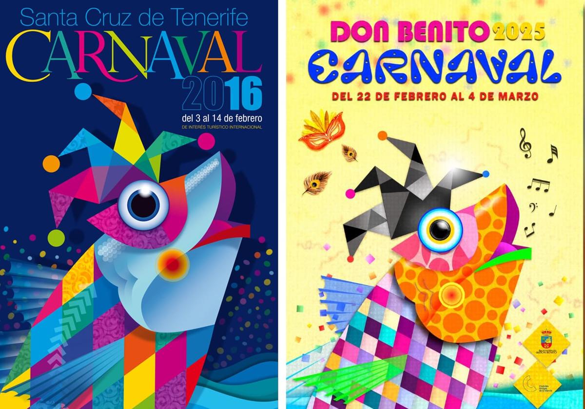 El cartel del Carnaval de Santa Cruz de Tenerife 2016 (a la izquierda) junto al de Don Benito de este año.