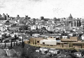 Recreación del futuro Museo del Madruelo de Cáceres (en color), junto a la Ribera del Marco y con la Ciudad Monumental al fondo.