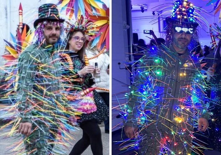 Jesús Cárdenas, con su disfraz ganador, durante el desfile del Carnaval de Casas de Don Pedro y en un momento posterior.