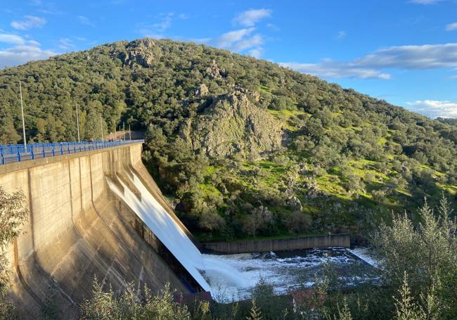 Así soltaba agua la presa de Villar del Rey este sábado.