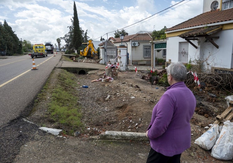 Una de las vecinas mira el trabajo de las máquinas quitando el muro a las viviendas.