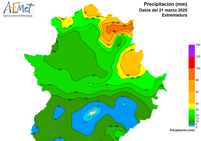 Precipitaciones registradas ayer en Extremadura.