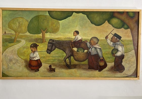 Cuadro 'Familia regresando de la huerta', de Alejandro Tinoco, que ya luce en el salón de plenos del Ayuntamiento de Burguillos.