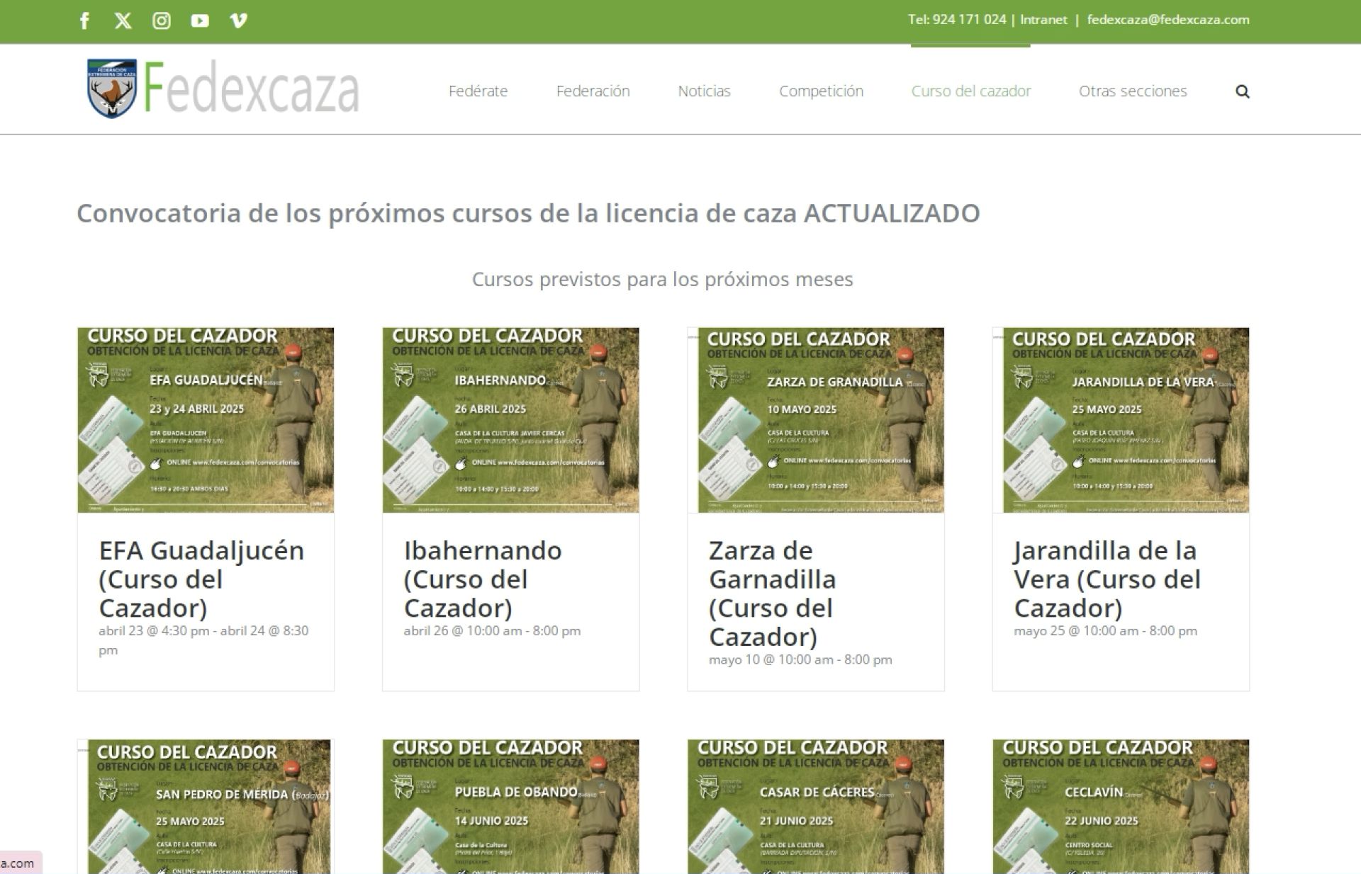Catálogo de cursos de formación en la web de Fedexcaza.