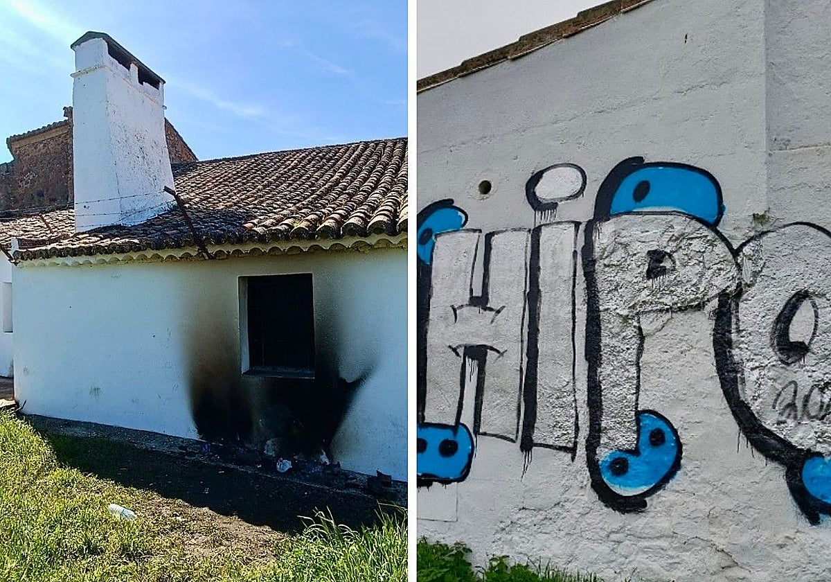 A la izquierda, restos de una fogata realizada junto a una de las paredes de la ermita de Santa Lucía. Los muros se han pintado esta semana. Y a la derecha, grafiti aparecido en los baños.