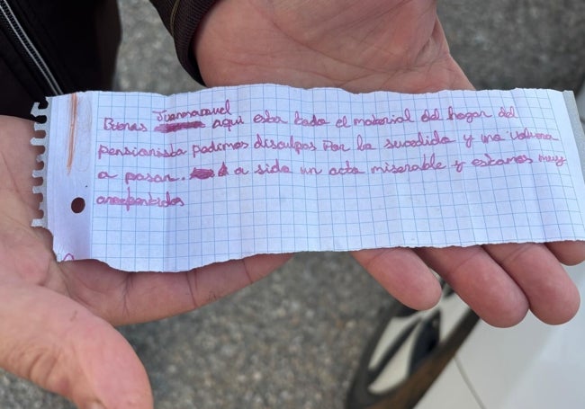 Texto manuscrito en el que los autores del robo dicen estar arrepentidos.