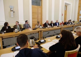 Pleno del Ayuntamiento cacereño, con los concejales de PP y Vox al fondo y los del PSOE y UP delante.
