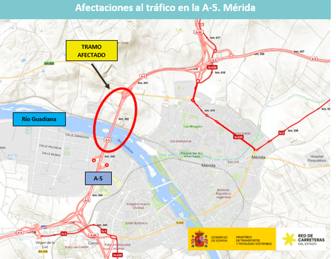 Cortes parciales al tráfico en la A-5 a la altura de Mérida por las obras en los viaductos sobre el Guadiana