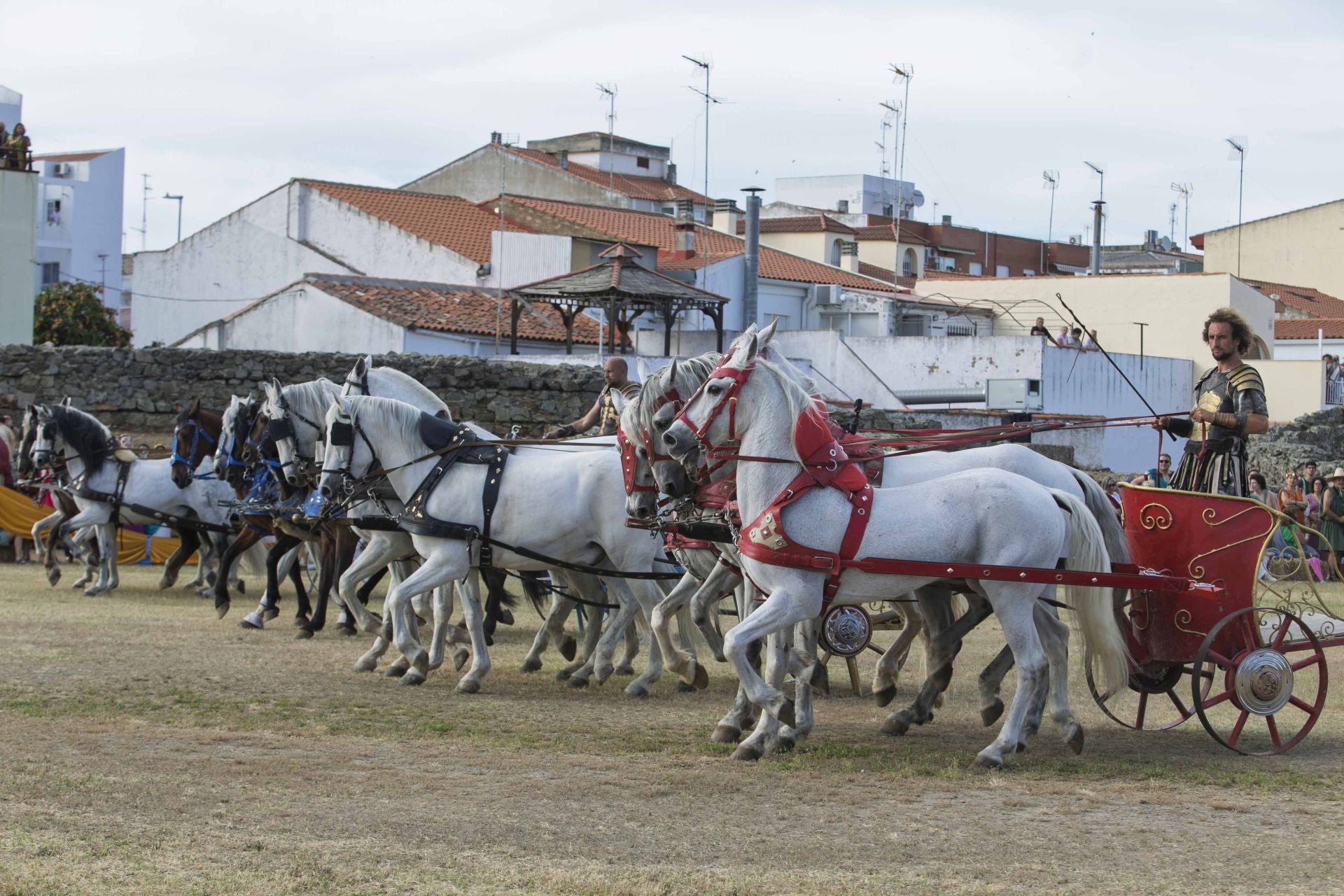 Este tipo de carrera era uno de los entretenimientos más populares en el imperio romano. Las cuadrigas son carros ligeros de dos ruedas dirigidos por un auriga y tirados por cuatro caballos, como los que han cabalgado hoy en Mérida.