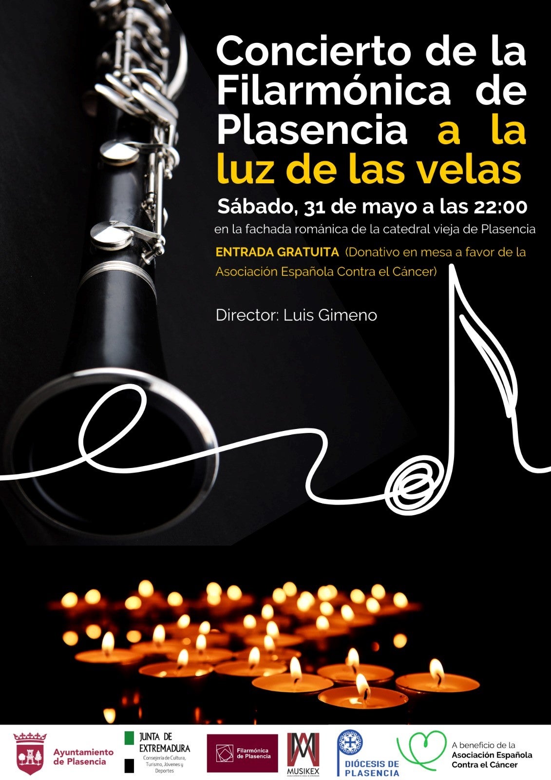 Cartel anunciador del concierto de la Filarmónica de Plasencia a la luz de las velas.