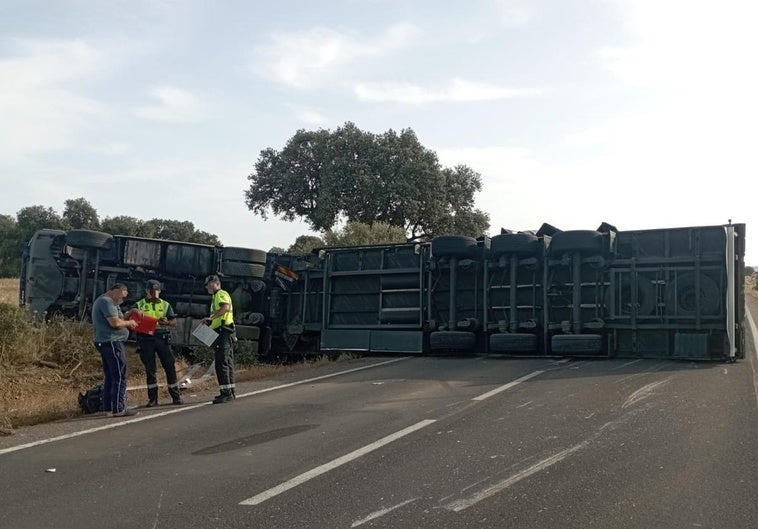 El camión volcó sobre los dos carriles de la N-523.