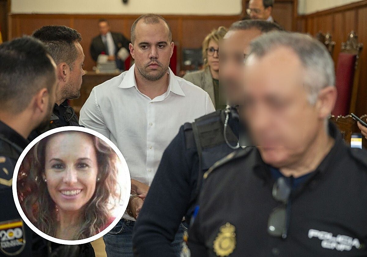 Eugenio Delgado custodiado por la policía momentos después de conocer su condena y, en detalle, una fotografía de Manuela Chavero.