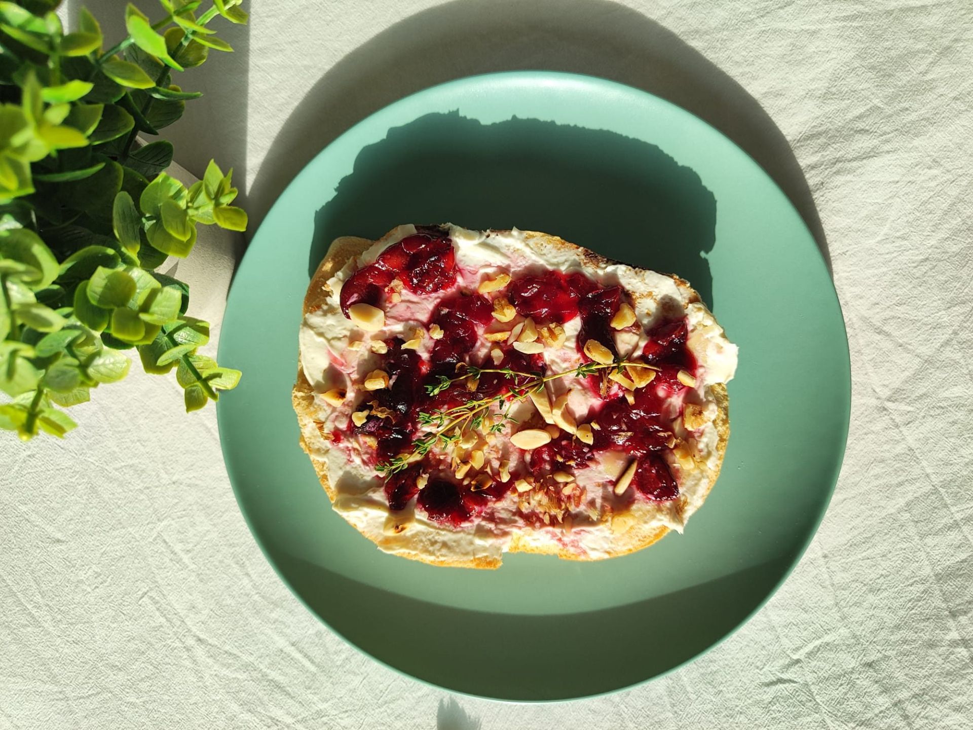 Mousse de queso de cabra, mermelada de cereza extremeña con frutos secos (almendra y nueces) y un toque de tomillo.