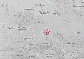 La estrella marca el epicentro del temblor registrado en Extremadura.