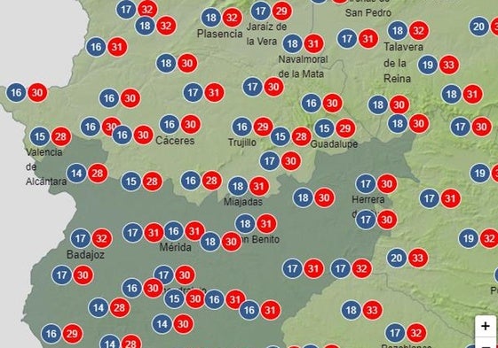 Previsión de temperaturas de la Aemet para el próximo sábado.