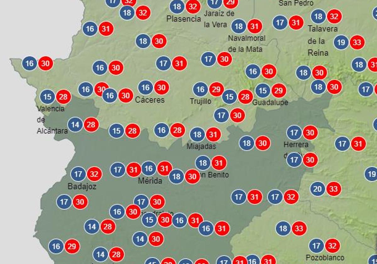 Previsión de temperaturas de la Aemet para el próximo sábado.
