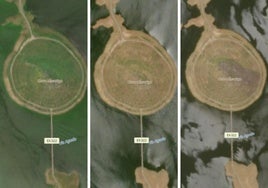 Tres imágenes captadas por el satélite en diferentes momento. De izquierda a derecha: imagen captada el 25 de abril de este año; en medio, unos días antes del incendio; y a la derecha, captada este mismo viernes 11 de julio.