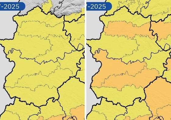 Mapa de avisos para el martes (izquierda) y miércoles (derecha) de la Agencia Estatal de Meteorología.