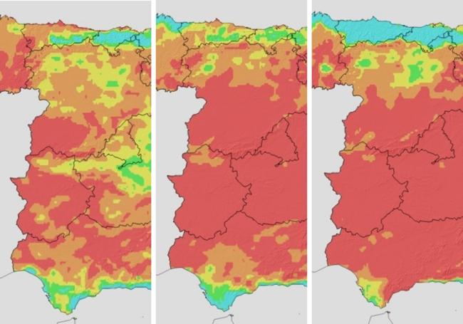 Riesgo de incendio extrememo en Extremadura para el miércoles (izquierda), jueves (centro) y viernes (derecha)