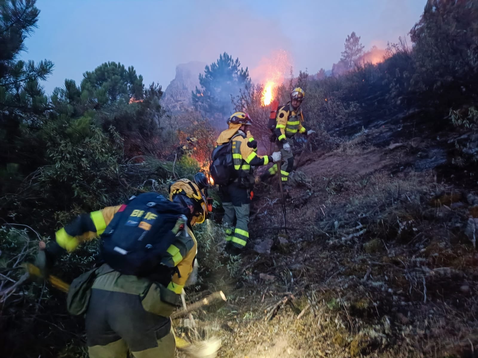 Efectivos de la ATBRIF actuando en el incendio de Cañamero durante este viernes