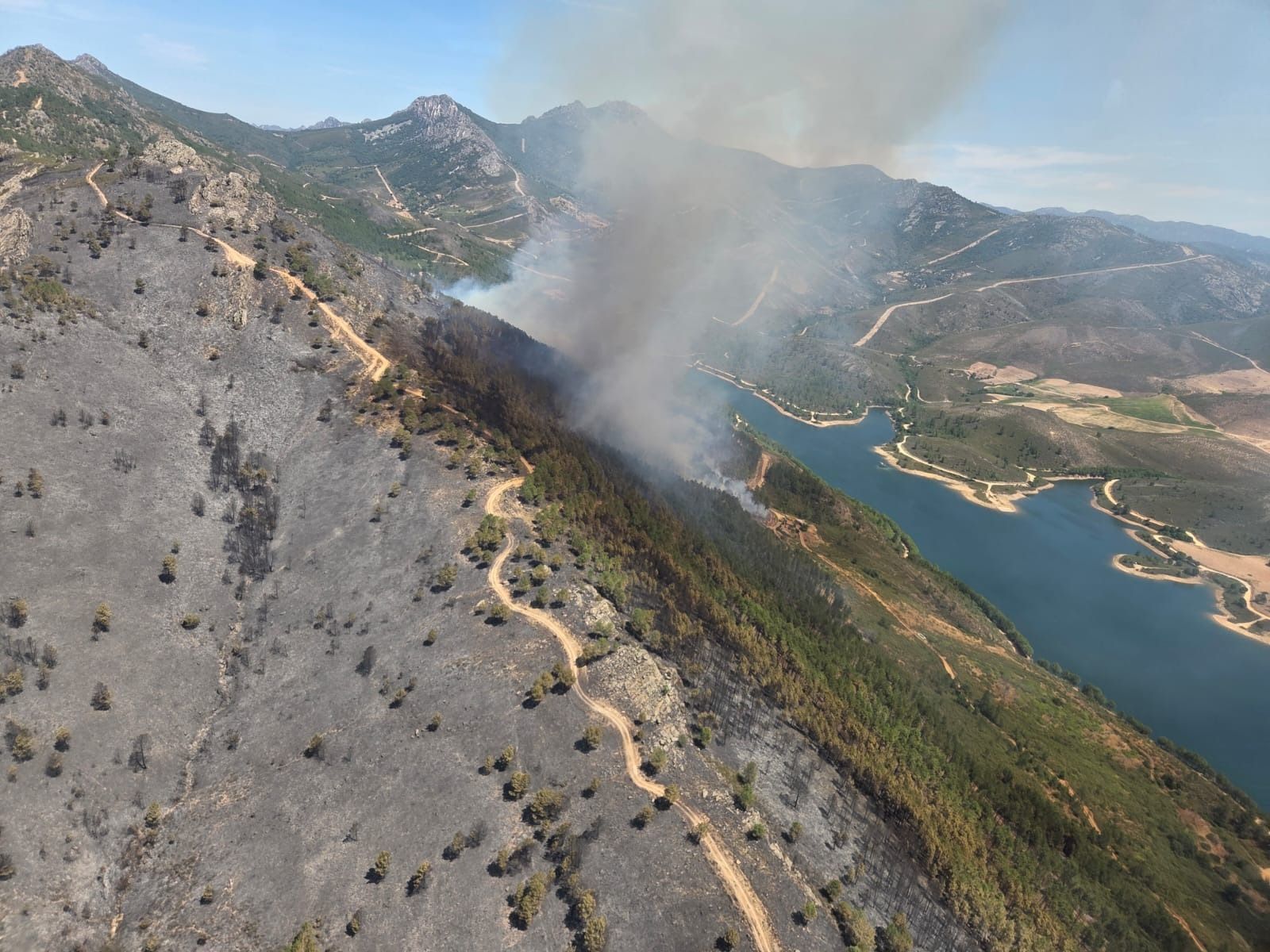 Vista aérea de estado del incendio de Cañamero a mediodía del sábado.