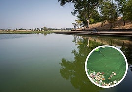 Vista general del Guadiana desde el Club de Piragüismo y detalle del color de las aguas en ese punto.