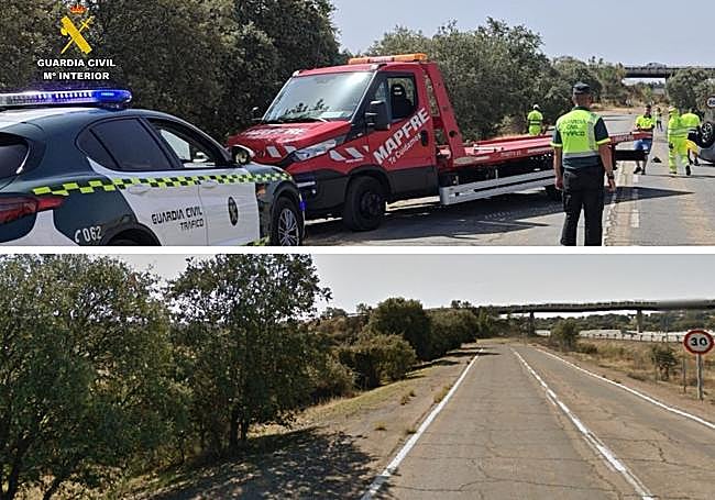 Imagen de la vía de servicio en la que ha acabado al menos uno de los turismos implicados en el accidente. En la imagen superior se observan los equipos de emergencias en esta carretera para atender a heridos y rescatar los vehículos. En la foto de abajo es una perspectiva del lugar, la vía de servicio que discurre junto a la autovía A-5 (ubicada a la derecha).