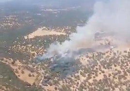 Vista aérea del fuego declarado este jueves en una zona limítrofe entre las provincias de Badajoz y Huelva.