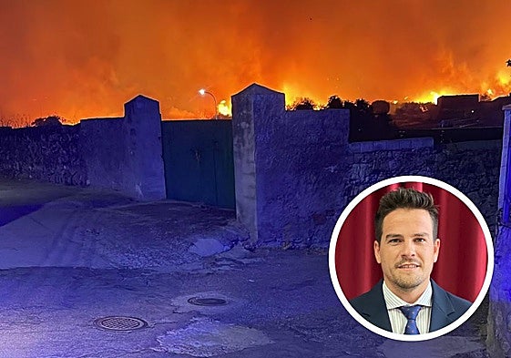 Así se veía el incendio durante la pasada noche desde Villar del Pedroso. En el círculo, Óscar Fernández.