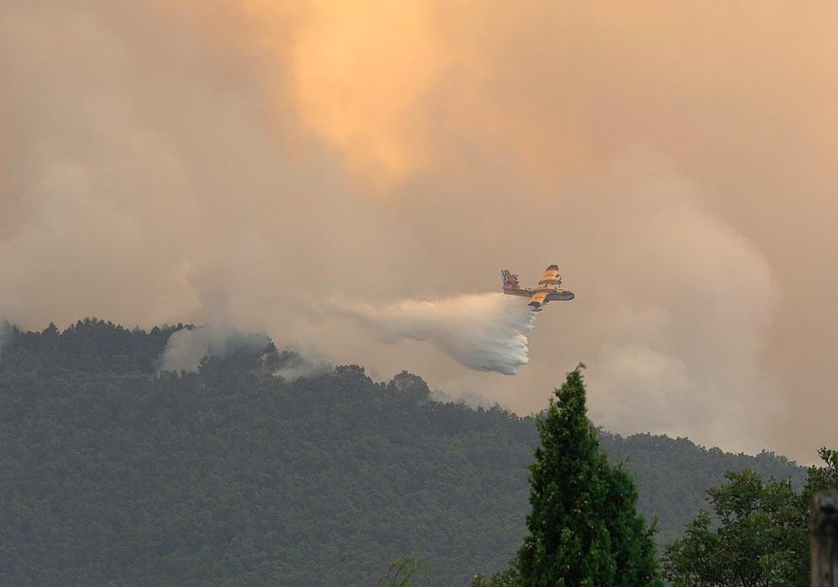 Un avión echa la carga de agua en el incendio de Jarilla.
