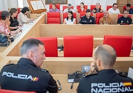 Reunión de la Junta de Seguridad Local, esta mañana, en el salón de plenos del Ayuntamiento de Mérida.