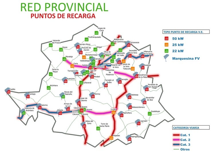 La red provincial de electrolineras de Cáceres tiene ya en servicio 66 puntos de recarga