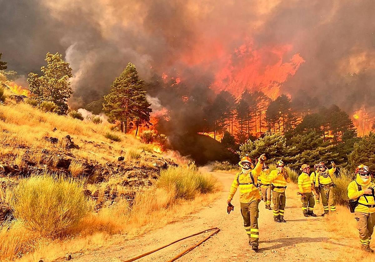 Bomberos del Infoex en la pista Heidi por encima de Hervás, con el fuego a sus espaldas tras el avance desde el puerto de Honduras.