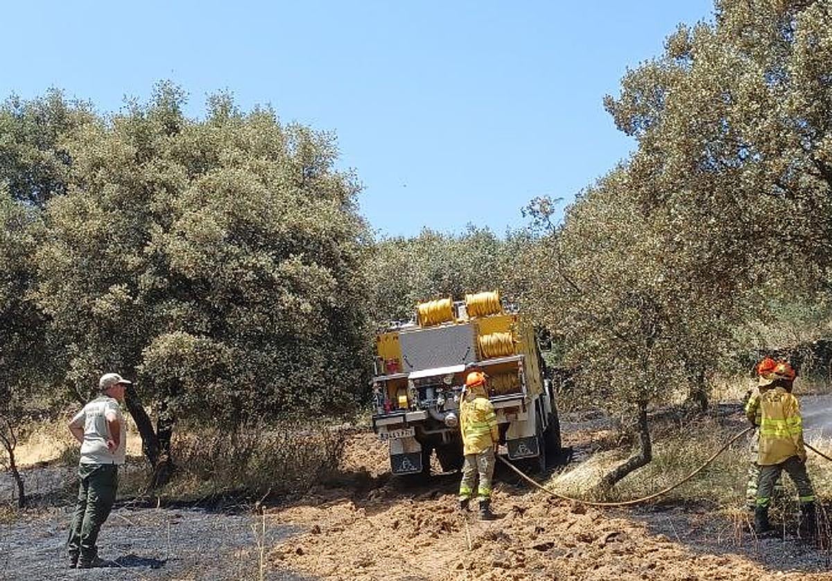 Medios del Infoex durante la extinción de un fuego en Extremadura.